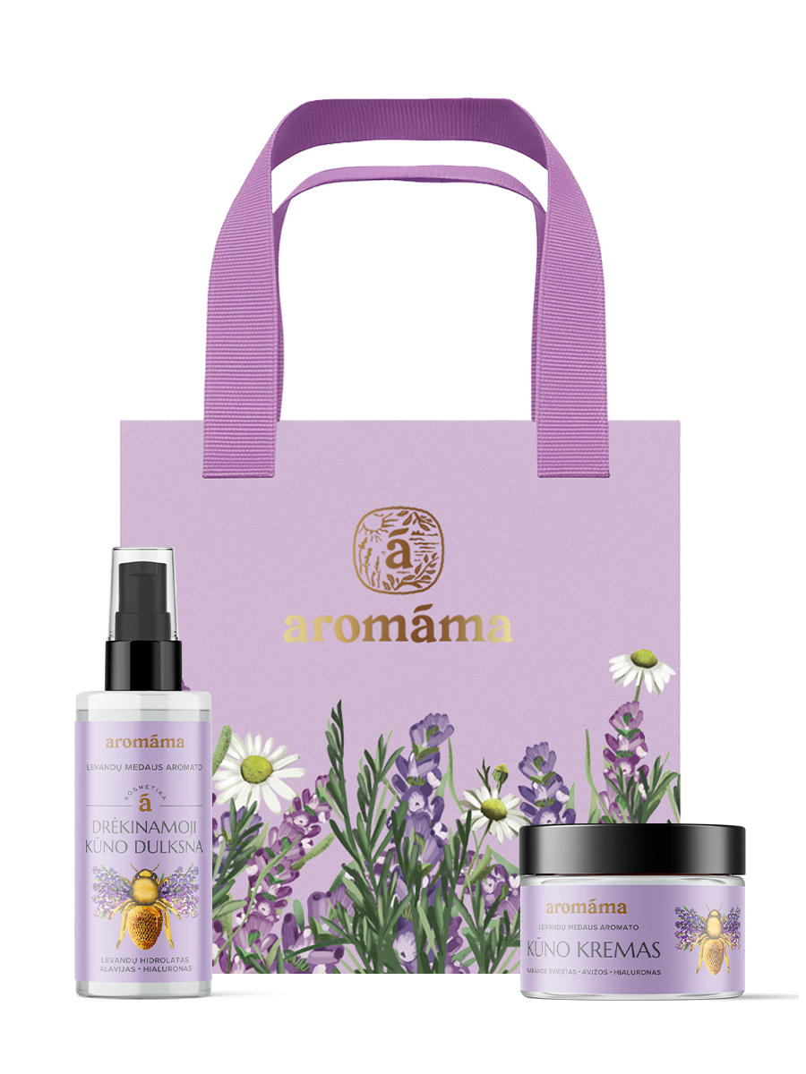 Levandų medaus aromato drėkinamosios kūno dulksnos ir kūno kremo rinkinys