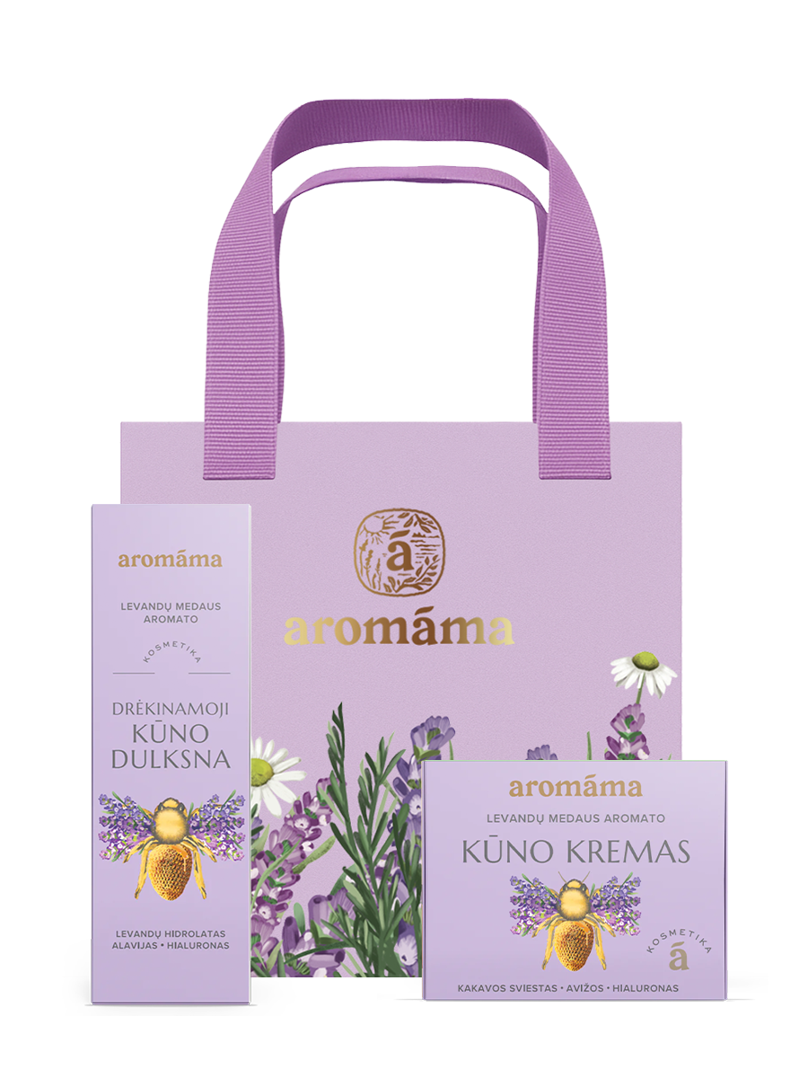 Levandų medaus aromato drėkinamosios kūno dulksnos ir kūno kremo rinkinys