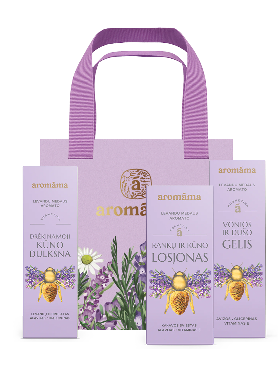 Levandų medaus aromato vonios ir dušo gelio, drėkinamosios kūno dulksnos ir rankų bei kūno losjono rinkinys