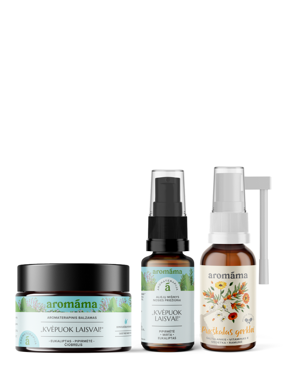 Purškalo gerklei, aromaterapinio balzamo ir aliejų mišinio nosies priežiūrai rinkinys