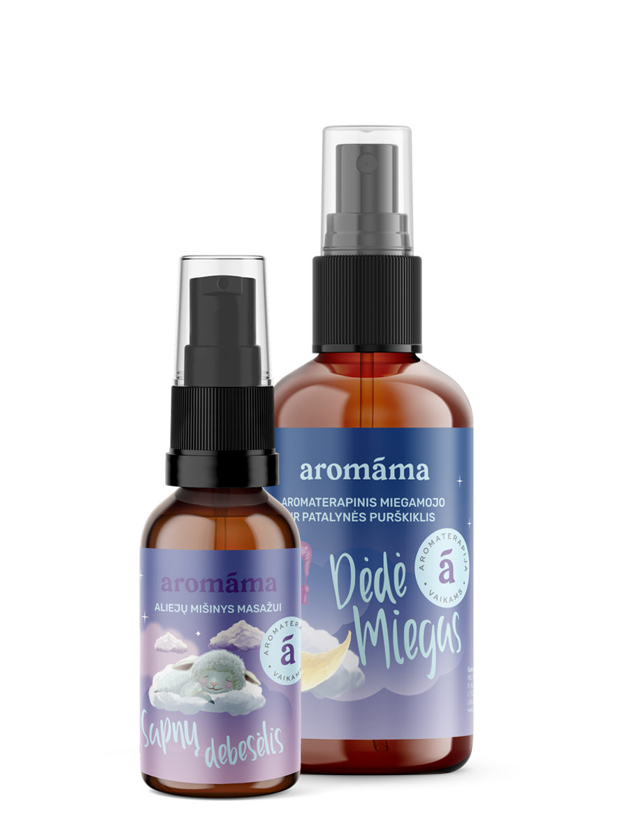 Aromaterapinio miegamojo ir patalynės purškiklio „Dėdė miegas“ ir aliejų mišinio „Sapnų debesėlis“ rinkinys