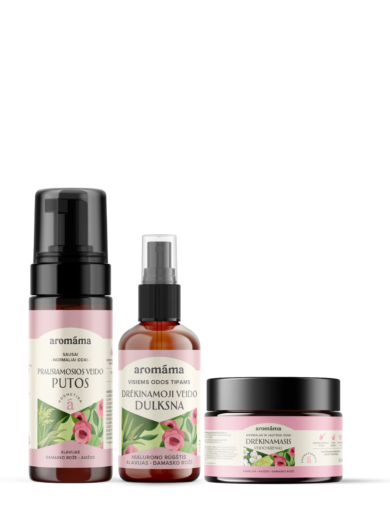 Prausiamųjų veido putų, drėkinamosios veido dulksnos ir veido kremo rinkinys