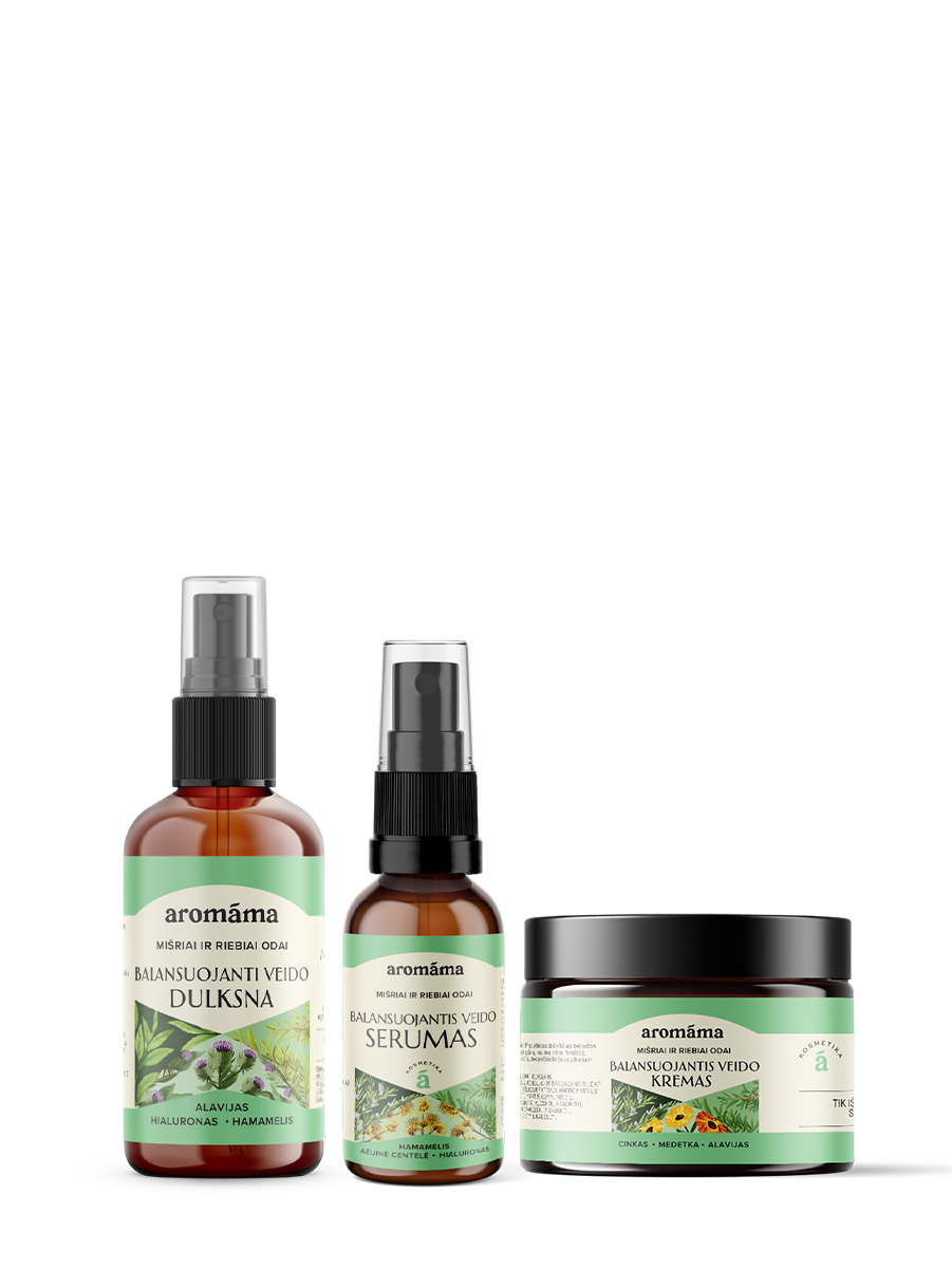 Balansuojančiosios veido dulksnos, veido serumo ir balansuojančiojo kremo rinkinys