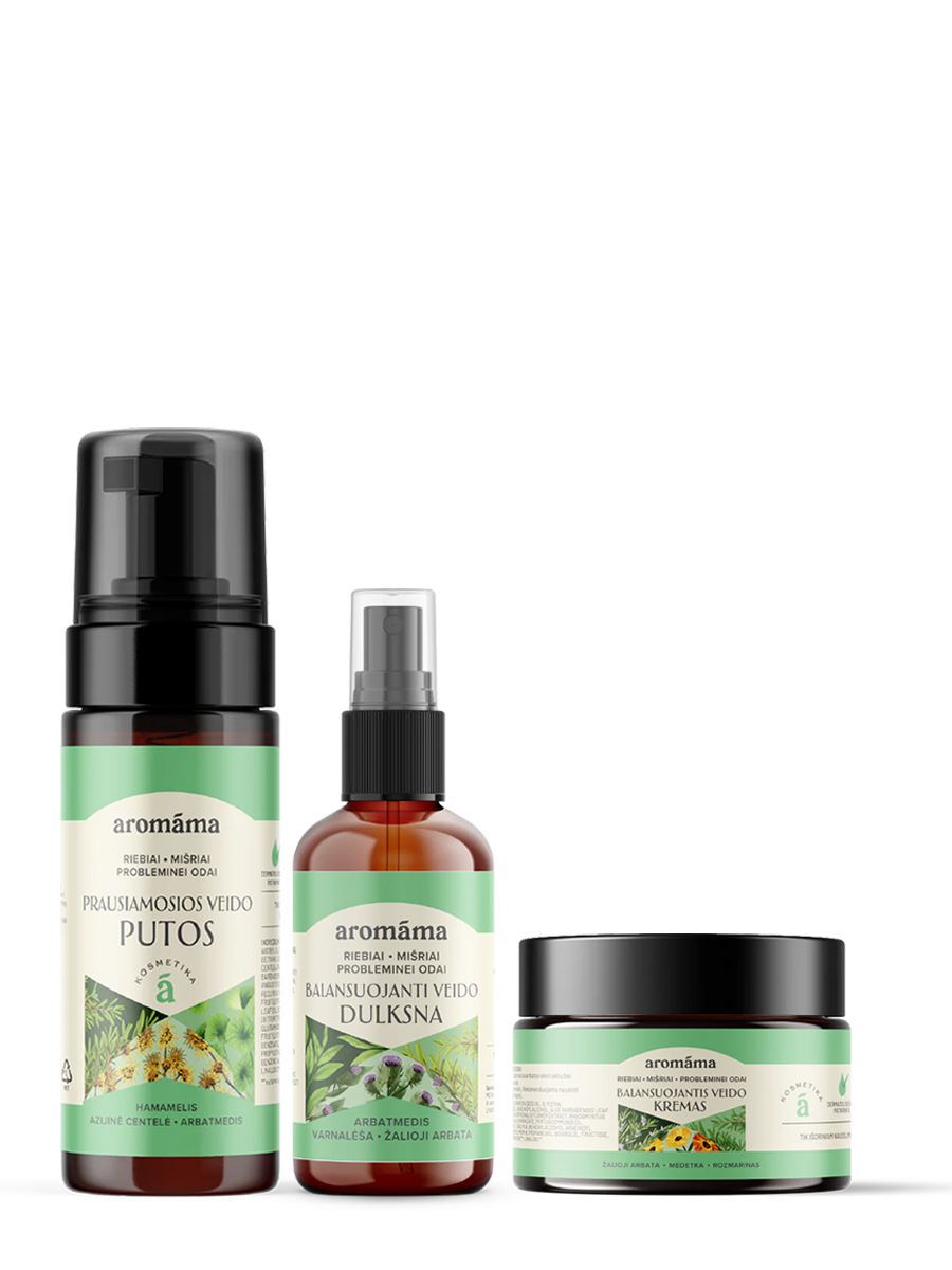 Prausiamųjų veido putų, balansuojančios veido dulksnos ir veido kremo rinkinys