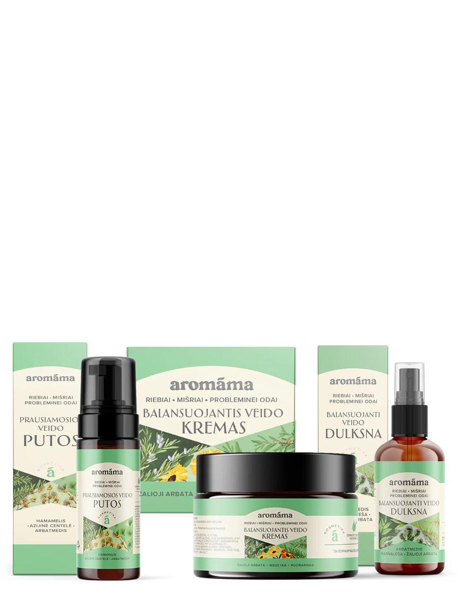 Prausiamųjų veido putų, balansuojančios veido dulksnos ir veido kremo rinkinys