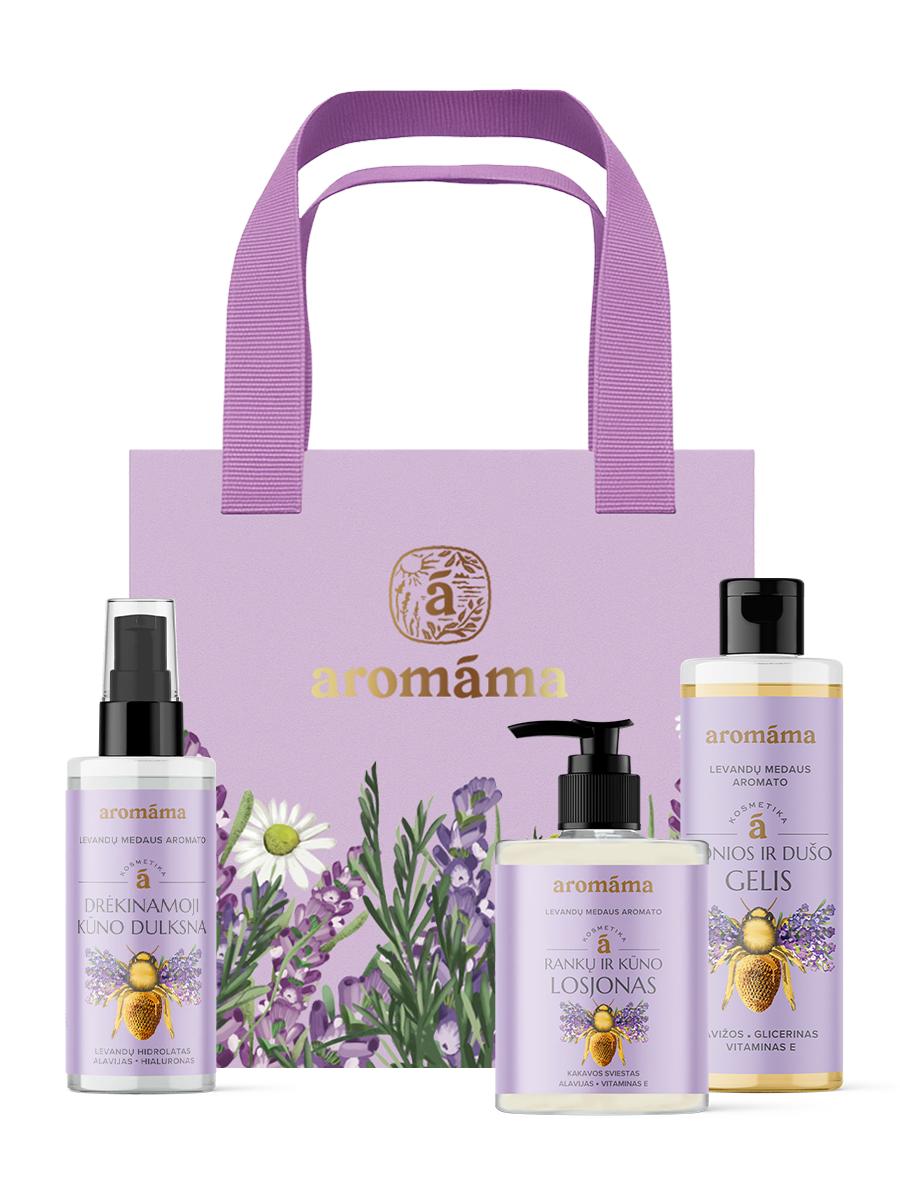 Levandų medaus aromato vonios ir dušo gelio, drėkinamosios kūno dulksnos ir rankų bei kūno losjono rinkinys