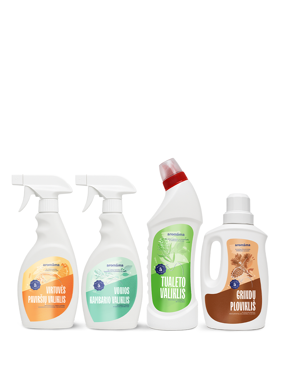 Aromaterapinis medinių grindų, vonios, tualeto ir virtuvės valiklių rinkinys