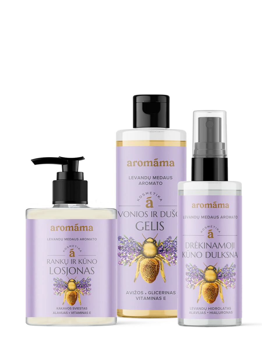 Levandų medaus aromato vonios ir dušo gelio, drėkinamosios kūno dulksnos ir rankų bei kūno losjono rinkinys