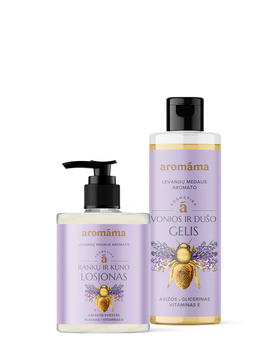 Levandų medaus aromato rankų ir kūno losjono bei vonios ir dušo gelio rinkinys