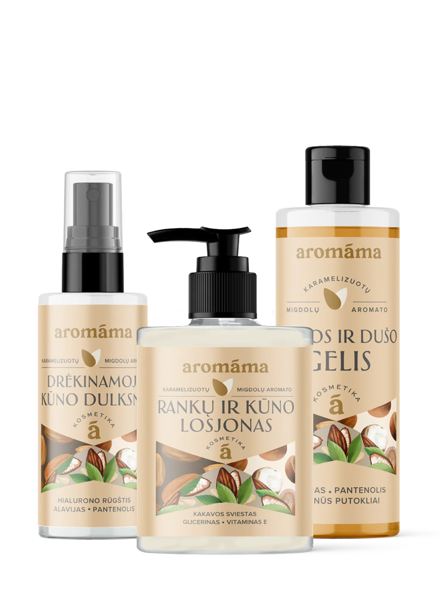 Karamelizuotų migdolų aromato dušo gelio, kūno dulksnos ir losjono rinkinys