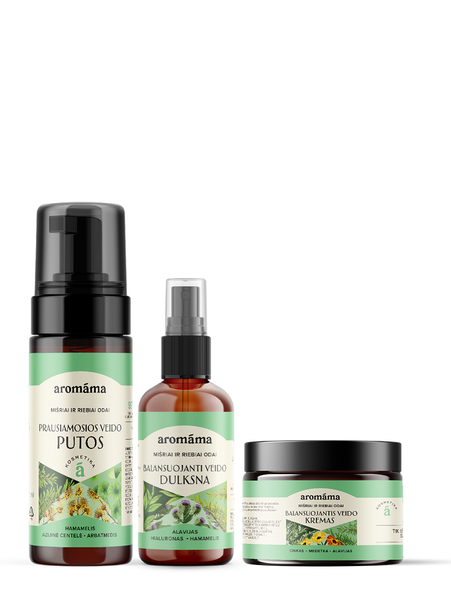 Prausiamųjų veido putų, balansuojančios veido dulksnos ir veido kremo rinkinys